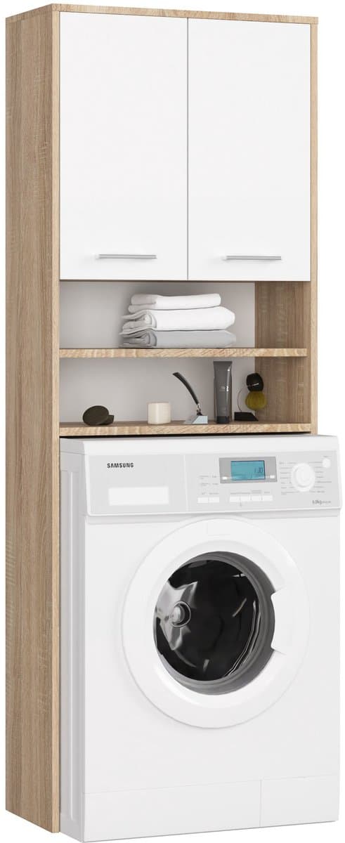 Badkamerkast voor Wasmachine FIN / Hoge Wasmachinekast met 2 Deuren / AKORD Furniture Factory / Sonoma Eik - Wit / 64 x 180 x 30 cm — afbeelding 1