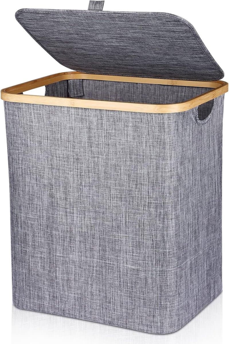 Wasmand - Grote opvouwbare wasbox met deksel 60 liter - Grijs organiser voor badkamer en kleding wasmand — afbeelding 1