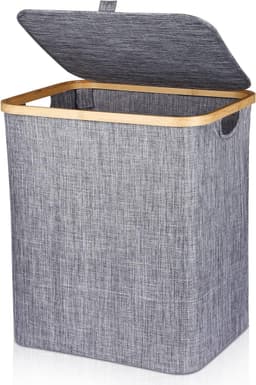 Wasmand - Grote opvouwbare wasbox met deksel 60 liter - Grijs organiser voor badkamer en kleding wasmand — thumbnail 1