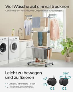 FurnStar - Drying Rack - Standing Drying Rack - 4 levels - Wing Washing Rack - Folding Wings - With Wheels - 64 x 126 x 172 CM — thumbnail 4