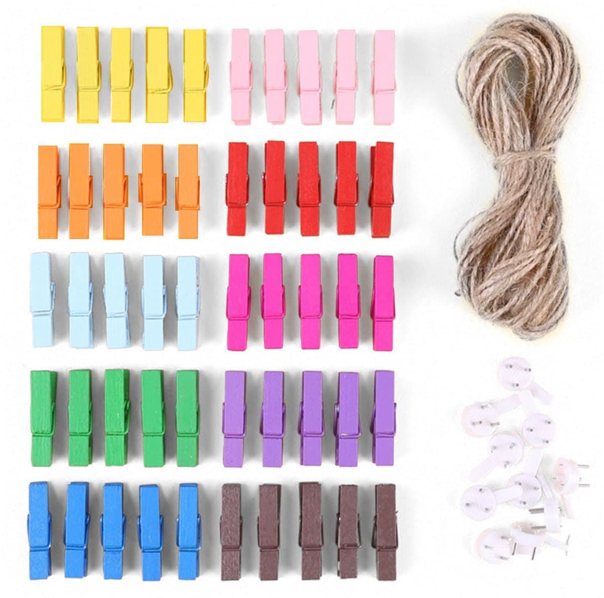 Byshayne- Wasknijpers 50 Stuks - Houten Wasknijpers - Kleine Wasknijpers - Mini Wasknijpers - Fotoclips - Jute Koord 10m - Fotoknijpers — afbeelding 1