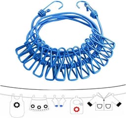 Elastische Kledinglijn - Draagbare Waslijn - Reizen en Outdoor - Met 12 Knijpers - Tot 380 cm - Blauw — thumbnail 5