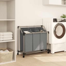 Wasmand Met Wielen - Kledingbox Opbergbox - Sorteren Kleding - Drie Compartimenten - 96 x 40 x 92 cm - Grijs — thumbnail 2