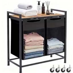 Dubbele Wasmand Naast Elkaar 92L – 2 Wasmanden Met Metalen Frame en Opbergplank 73×33×72 cm – Wasgoed Organizer — thumbnail 1