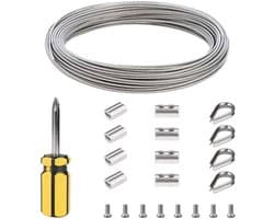 Dailygoods- Metaalkabel 2 mm x 10 m - Staalkabelset - Roestvrij staal 304 - Oogjes - Klimhulp - 14 Stuks - Staalkabel