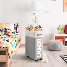 Mrs. Jones Extra Smal Inklapbare Wasmand met Wielen - Opvouwbare Dunne Wasmand met Handvat - Praktische Opbergbox voor Slaapkamers en Wasruimte - 45L - Wit + Lichtgrijs o2 . — thumbnail 3