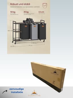 FurnStar Wasmand 3 Vakken – Wassorteerder 150L met Rollen en Planken – Afneembare Waszakken – 6 Etiketten – 117 x 33 x 80,5 cm – Kastanjebruin - Inktzwart & Duifgrijs — thumbnail 2