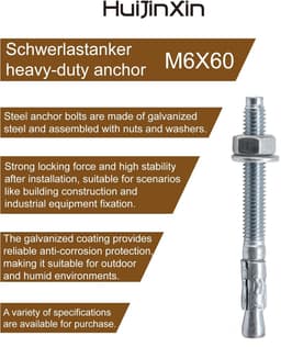 Boutanker Set - Betonanker Pluggen - Zware Bevestiging - Roestvrij Koolstofstaal - M6 x 60 mm - Zilver — thumbnail 3