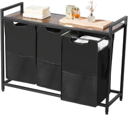Wasmand van 3 Secties, met Metalen Frame en Houten Top, Grote Vrijstaande Mand met Uittrekbare 600D Oxford-Stoffenzakken voor Het Sorteren van Kleding, Ideaal voor Badkamer Of Wasruimte — thumbnail 1