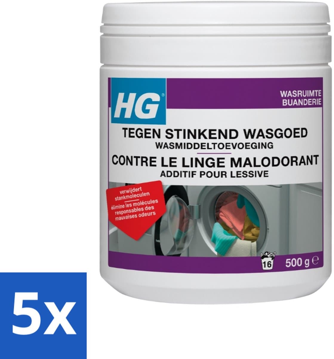 5 x HG Tegen Stinkend Wasgoed Wasmiddeltoevoeging 500 gr - Wasgoed Stank - Wasgoed Geur - Textielverfrisser - Stankmoleculen - Fris Wasgoed — afbeelding 1