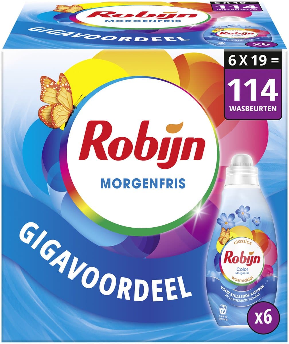 Robijn - Vloeibaar Wasmiddel - Klein & Krachtig - Morgenfris - 6 flessen 114 wasbeurten - Voordeelverpakking — afbeelding 1