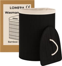 Lomera Bamboe Wasmand - Hoek Model - 72 Liter Capaciteit - Zwart - Opvouwbaar - Wasmand Met Deksel - Afneembaar Deksel - Verstevigde Metalen Ring - Uitneembare Waszak - Wasbare Binnenzak - Polyester Katoen Viscose — thumbnail 3