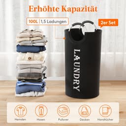 Opvouwbare Wasmand - Met Aluminium Handvatten en Oxford Stof - 100 Liter - Voor Kleding, Handdoeken en Beddengoed in Slaapkamer, Badkamer en Wasruimte - Zwart - 2 Stuks — thumbnail 4