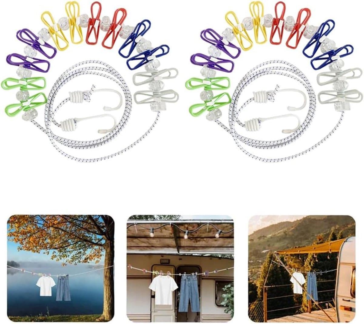 Portable Clothesline 2 Pack with 12 Pcs Colorful Clips - Adjustable Travel Clothesline for Camping - Elastic Retractable Line for Indoor and Outdoor (Colorful) — afbeelding 1