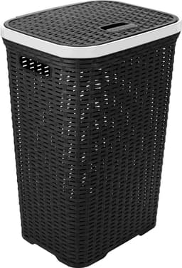 Hega Hogar Wasmand met deksel Rotan - 2x - antraciet - gevlochten kunststof - 60 liter - 34 x 43 x 62 cm — thumbnail 2