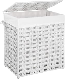 SONGMICS Handgeweven wasmand met deksel, wasmand in rotanstijl met uitneembare voeringzak, metalen frame, opbergmand, 45,5 x 32 x 51,5 cm, voor wasruimte, slaapkamer, badkamer, wit LCB050W01 — thumbnail 1