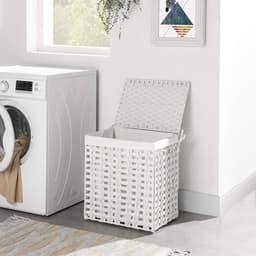 SONGMICS Handgeweven wasmand met deksel, wasmand in rotanstijl met uitneembare voeringzak, metalen frame, opbergmand, 45,5 x 32 x 51,5 cm, voor wasruimte, slaapkamer, badkamer, wit LCB050W01 — thumbnail 4