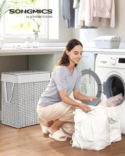 Wasmand met deksel, wasverzamelaar, 90 liter, 2 vakken, uitneembare waszak met handgrepen, handgevlochten, voor slaapkamer, badkamer, 33 x 46 x 60 cm, wit, LCB251W01V1 — thumbnail 3