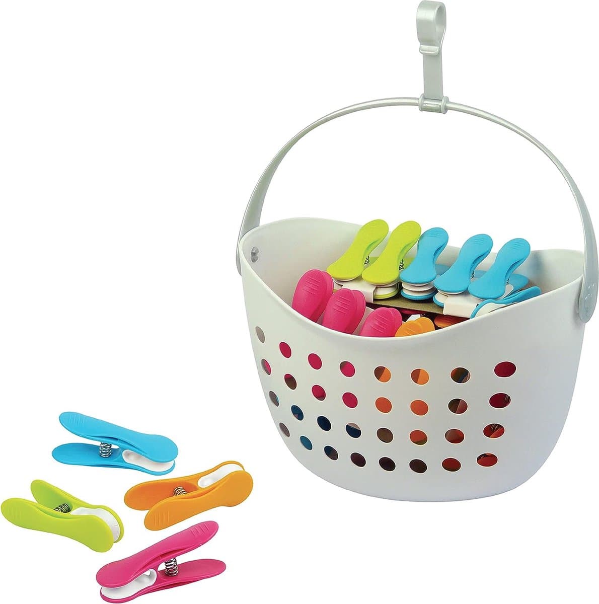 Mand met 40 clips antislip - Frans product - Mand wit - Diverse clips (groen, blauw, oranje, roze) — afbeelding 1