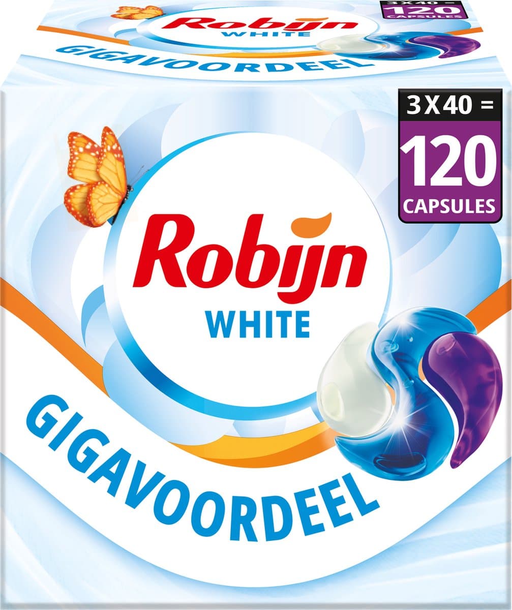 Robijn Wasmiddel - 3-in-1 Wascapsules - Stralend Wit - 3 x 40 stuks - 120 Wasbeurten - Voordeelverpakking — afbeelding 1