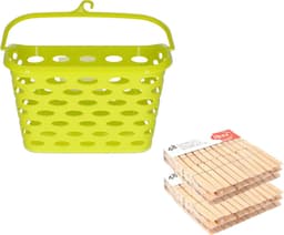 Wasknijpers ophangmandje met haak - groen - en 96x houten wasknijpers van Sorbo - was ophangen — thumbnail 1