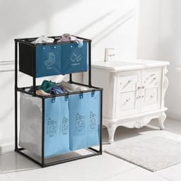 Wasmand 4 Vakken - Wassorteerder 2 Niveaus - Uitneembare Oxford-Stoffen Zakken - Opvouwbaar Metalen Frame - Ruimtebesparend Verticaal Ontwerp - 7 cm Verhoogde Onderzijde - Voor Badkamer, Slaapkamer en Wasruimte — thumbnail 5