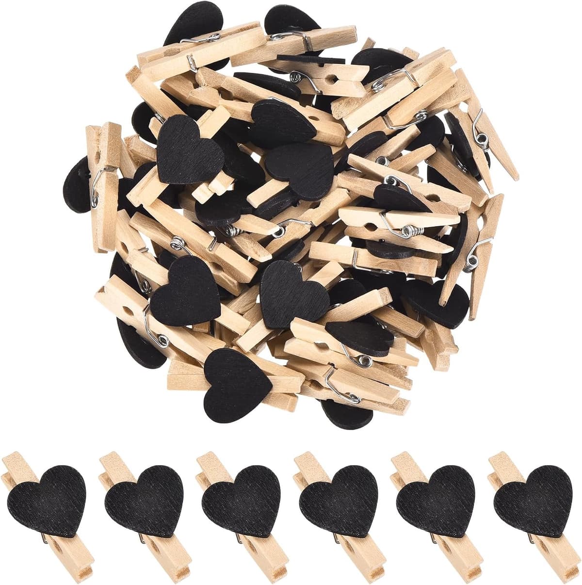 Knijpertjes - 50 Stuks - Kleine houten mini knijpers - Kaartknijpers - Foto knijpers - Fotohouder - Knijpers - Wasknijpers - - Knijper om foto's aan op te hangen - Fotoknijpers met hart - voor kaarthouders en decoratie - Zwart — afbeelding 1