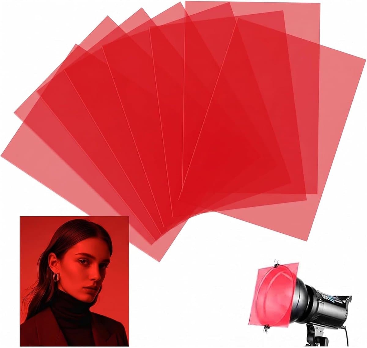 8 stuks rode folie, hittebestendig voor lampen, A4 transparante kleurfolie voor led-koplampen, 21 x 29,7 cm, kleurenfilterset voor fotostudio, stroboscoopflits, videofotografie en lichttechniek — afbeelding 1