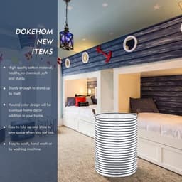 Opvouwbare wasmand met deksel - blauwe strepen - groot formaat, met leren handvat — thumbnail 3