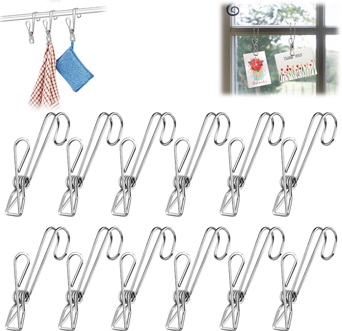 12 stuks - Ophangknijpers - Multifunctionele clips met haak - Wasknijpers - Duurzame veerclip - 10cm lang - voor handdoeken, papieren en wasgoed — afbeelding 1