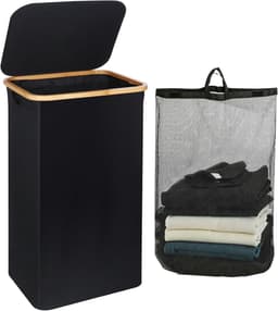 Wasmand met deksel, 100 l, afneembare voering, opvouwbare wasmand met bamboe handgrepen en afneembare tas voor slaapzalen, wasruimtes, slaapkamers — thumbnail 1