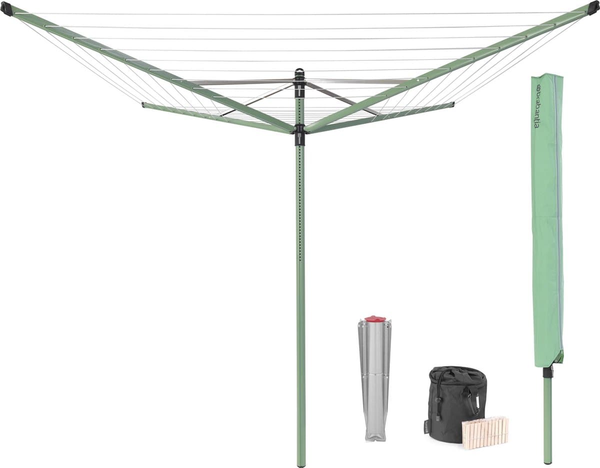 Brabantia Lift-O-Matic Droogmolen - met Metalen Grondanker, Beschermhoes, Wasknijpertasje en Wasknijpers - 50 m - Leaf Green — afbeelding 1