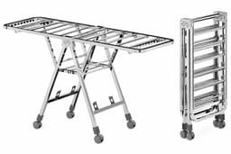 Opvouwbaar Droogrek met Wielen – 150 x 43 cm – Verstelbaar Wasrek 54-107 cm – Verrijdbaar Kledingrek – Inklapbaar Droogrek met Ophanghaken – Zilver — thumbnail 1