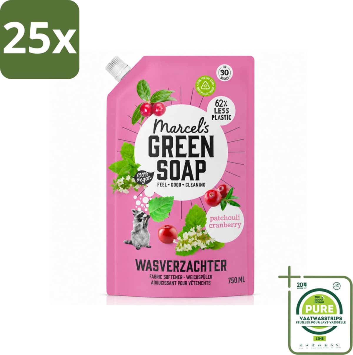 25 x Marcel’s Green Soap – Wasverzachter – Patchouli & Cranberry - Navulling – 750 ml - Grootverpakking - Vaatwasstrips - Wasverzachter - Navulling - Patchouli - Cranberry - Wasverzachter Navulling — afbeelding 1