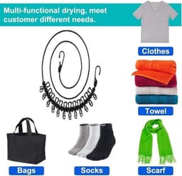 Draagbare Waslijn - 1-delige Reis-Waslijn - Verstelbare Uittrekbare Winddichte Lijn met 12 Klemmen en Antislip Gesp voor Kamperen en Reizen Kleding Drogen - Zwart — thumbnail 5