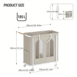 Home & Beyond® Wasmand op Wielen met 3 Vakken en Afneembare Ophangzak - Wassorteerder 185 L - Beige - 90 x 39 x 80 cm — thumbnail 2