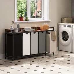 SnelShoppen - Herture Wasmand met Plank, 5 Secties, Wassorteerder met 5 Uittrekbare Zakken, 5 x 60 Liter, Rustiek Bruin, Metalen Frame, Beweegbare Wie — thumbnail 2