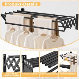 Uittrekbaar Wanddroogrek RVS - 42-80cm - 7 Droogstangen - Draagkracht 25kg - Voor Balkon, Badkamer & Wasruimte — thumbnail 3