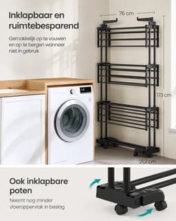 Seth Select Droogrek met 4 Niveaus – Opvouwbaar Wasrek met Vleugels en Wielen – Groot Wasdroogrek voor Binnen en Buiten – Zwart — thumbnail 4