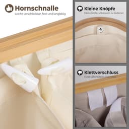 Wasmand met deksel, 3 vakken, 158 l, wasverzamelaar van 600D Oxford-weefsel met afneembare waszak, netvak op de achterkant, wasbox, wassorteerder, wasmand wasmand, beige — thumbnail 4