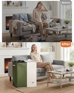 SnelShoppen - Wasmand 145 liter, wasverzamelaar met 2 vakken, deksel en 2 waszakken, groot XXXL, 2 x 72,5 l, groen + beige voor badkamer, slaapkamer, — thumbnail 4