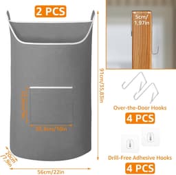 SnelShoppen - 2 Stuks Hangende Waszakken 91 x 56 cm - Ruime Opbergtas voor Kleding, Beddegoed, Handdoeken - Grijs, Muur Gemonteerd, Ideaal voor Deur, — thumbnail 5