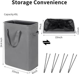 Opvouwbare Wasmand met Deksel - 45 Liter Slanke Wasmand Smal - Opklapbare Wasmand voor Badkamer en Slaapkamer - Kleine Wasmand Ruimtebesparend met Handvatten - Grijs — thumbnail 5