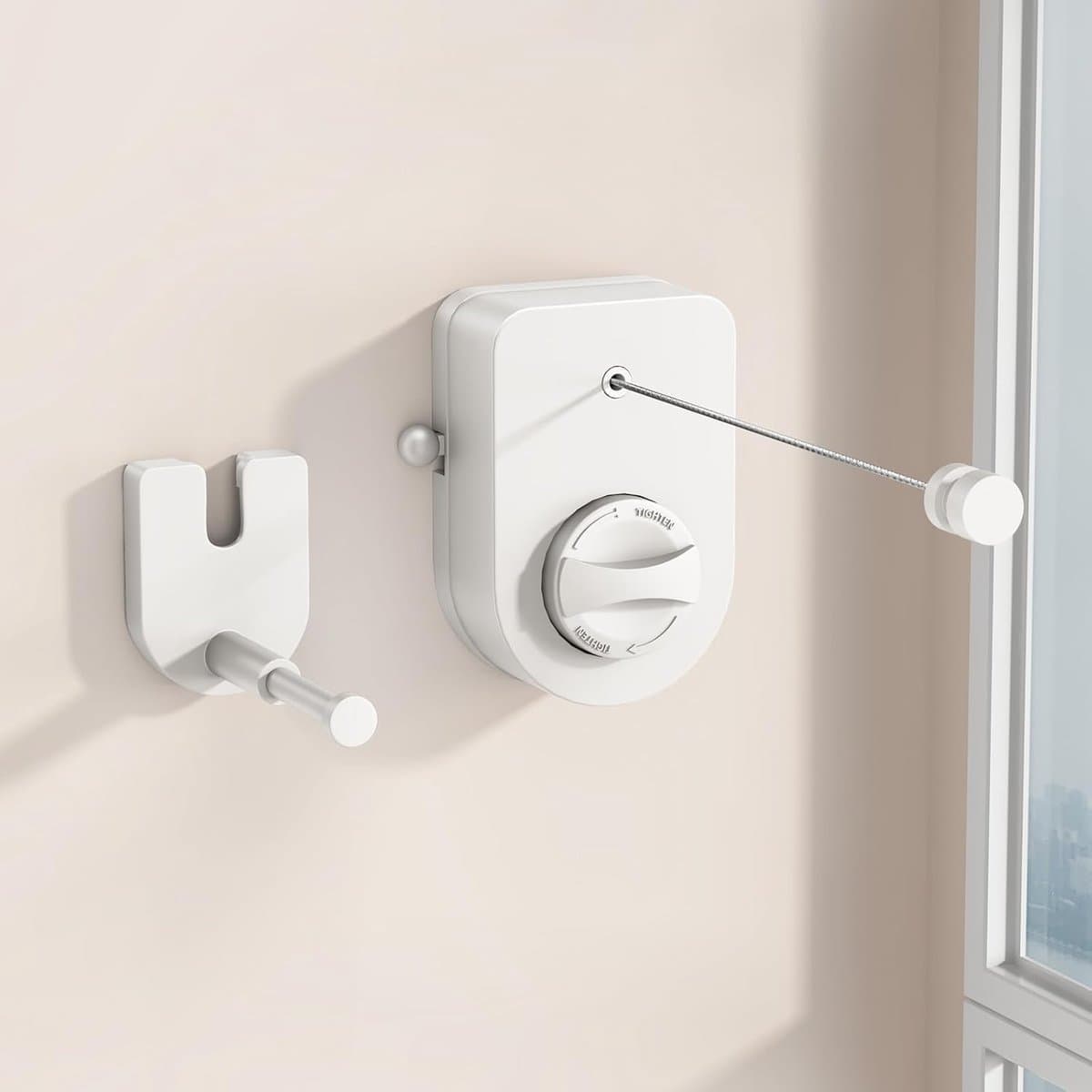 Waslijn - Uitschuifbare waslijn voor binnen, niet-doorhangende waslijn voor buiten, 4,2 meter lange, stevige waslijn met telescopische ophangstang, ruimtebesparende waslijn voor wandmontage (Wit) - 12 x 8 x 4cm — afbeelding 1