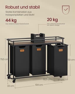 VASAGLE Wasmand met wielen, 3 vakken, 150 l — thumbnail 4