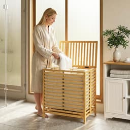 Wasmand 55 x 36 x 64,2 cm houtkleur bamboe, opvouwbare wasmand, dubbele wasmand met deksel, 2 uitneembare binnentassen, bovenplank, ademend raster, compact, stabiel, voor slaapkamer, badkamer — thumbnail 3