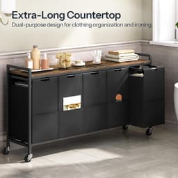 Wassorteerder 5 secties, wasmand met wielen, 5 × 10,5 gallon (40 l), rollende wasmand, uittrekbare en verwijderbare Oxford-stoffen zakken, rustiek bruin en zwart BF07XY01 — thumbnail 2