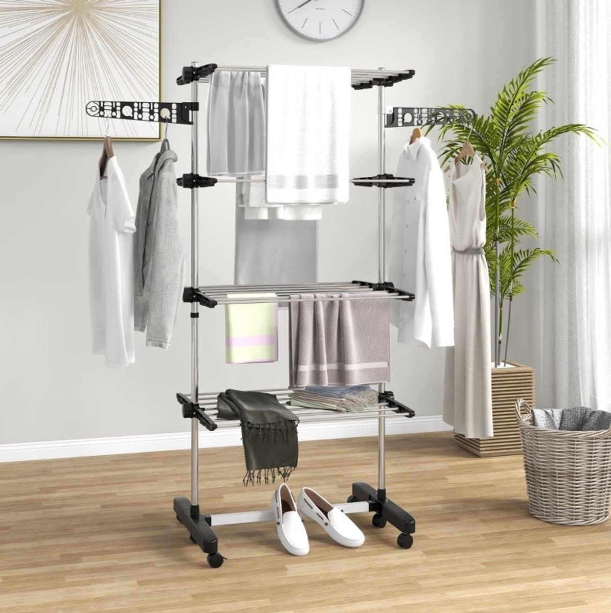 MEUNIQ Droogtoren 142 x 55 x 172 cm met 5 niveaus, inklapbaar wasrek met verstelbare zijstang, 6 wielen en draagvermogen 30 kg voor binnen, zwart en zilver — afbeelding 1