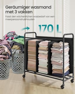 SONGMICS Roll Wasmand, 3-Compartiment Wasserij Collector, 170 L Wasmachine, Mobiele Waskar, 5 Labels, voor Wasruimte, Slaapkamer, Badkamer, Inkt Zwart — thumbnail 4