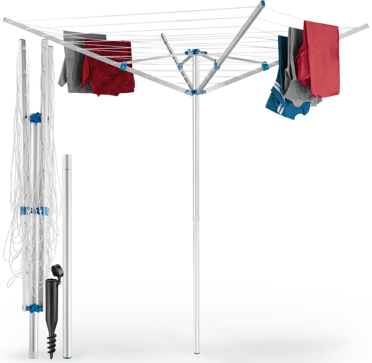 tectake® Droogmolen - 150 x 150 x 196 cm - Droogrek - Wasmolen van Aluminium - Draaibaar en in Hoogte Verstelbaar - Inclusief Voet — afbeelding 1